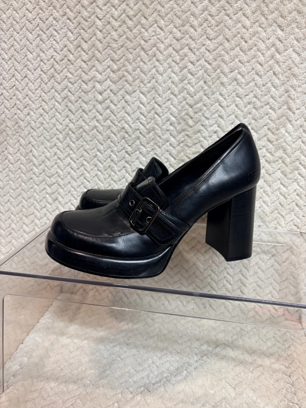 Vtg 90s SKECHERS Womens 6 Chunky Platform Loafers Buckle Black‎ Faux Leather Y2K